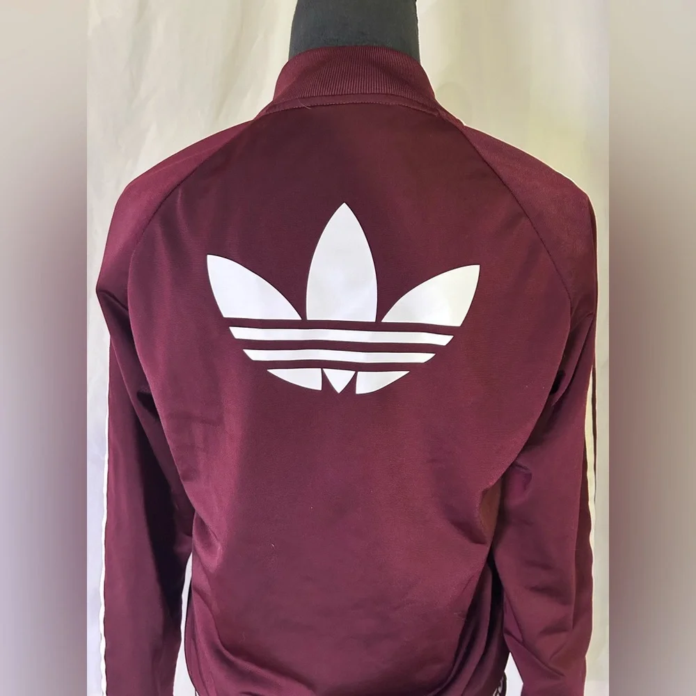 Adidas women’s Burgundy Track Jacket zip up three stripes - Picture 3 of 10